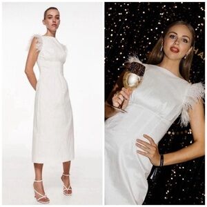 Rachel Gilbert Beckett Feather Midi Dress White Size 4